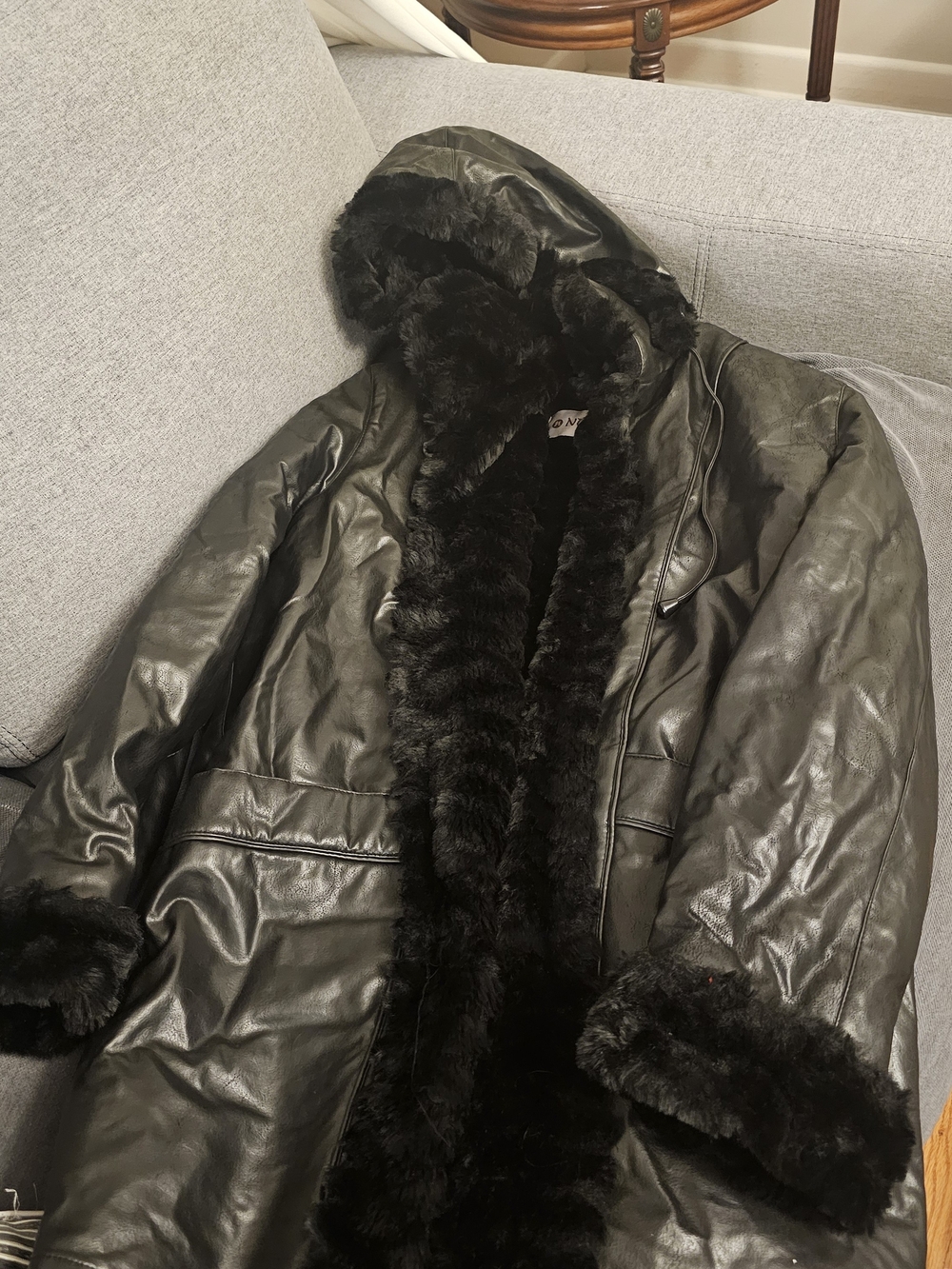 Womens Black Faux Fur-Trim Leather Coat